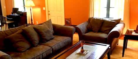 Comfortable living area with BlueStream TV service.

