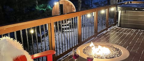 Outdoor propane firepit in winter months