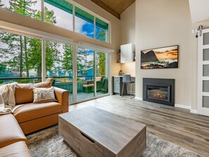 living area and fireplace