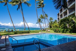 Lush, tropical gardens surround the oceanfront pool & hot tub