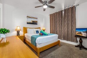 Tranquil bedroom with luxury linens and blackout curtains