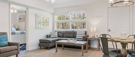 View from kitchen into cozy living room