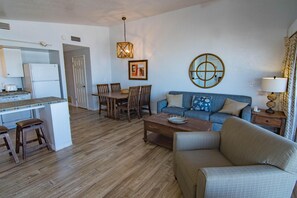 Kitchen, Dining Area, and Living Room