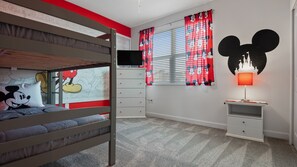 Adorable Mickey Mouse Themed Bunk Bed Room with Flat Screen TV