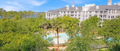 View from patio overlooking pools and bay.