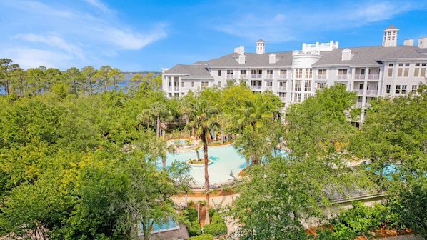 View from patio overlooking pools and bay.