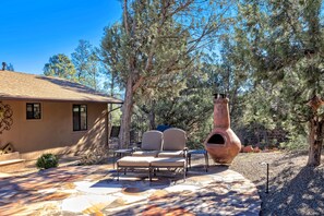 Front patio with chiminea fireplace