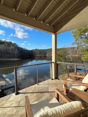 Upper porch with spectacular views of the lake looking northwest.
