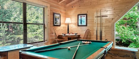 Fun game room with pool table in the upstairs loft