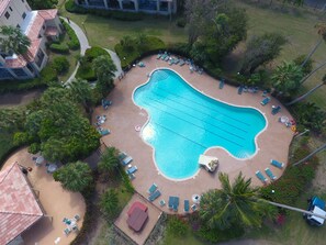 Aerial view of the pool and hot tub. 