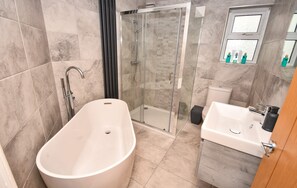  Free standing bath, walk in double shower, luxury "ritual" toiletries