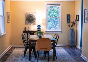 Dine with elegance in a space that blends modern chic with rustic charm.