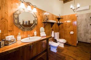 Bathroom with amenities, body shower and beach towels.
