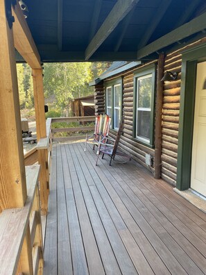 New Front Deck with handmade ski/Adirondack rocking chairs