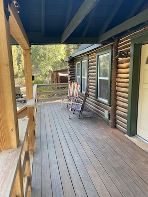 New Front Deck with handmade ski/Adirondack rocking chairs