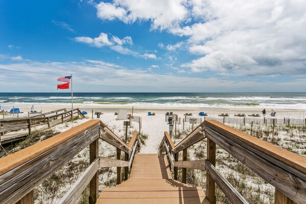 No roads to cross—walk straight to the beach through your private gate.