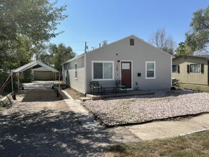 Front of house with new landscaping. 