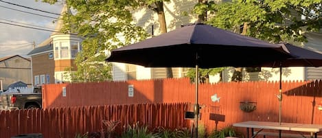 Patio with picnic tables, grills 