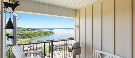 Private Covered Deck with a Great Lakeview, Seating, and Electric Grill