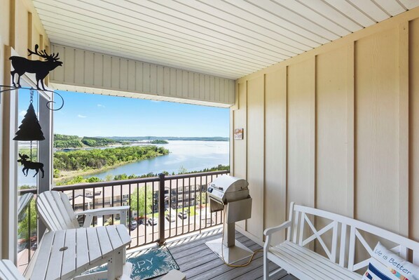 Private Covered Deck with a Great Lakeview, Seating, and Electric Grill
