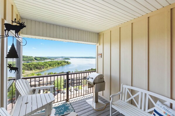 Private Covered Deck with a Great Lakeview, Seating, and Electric Grill