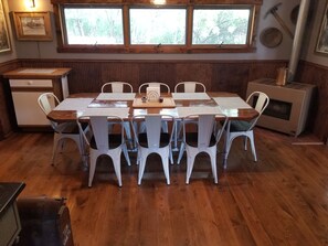 Dining room farm table seats 8.