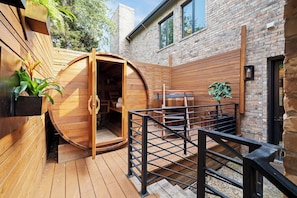 Enjoy our zen garden with a cedar barrel sauna and cold plunge.