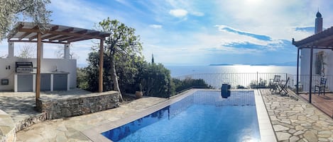 Stunning westerly view over the Aegean with a beautiful outdoor kitchen