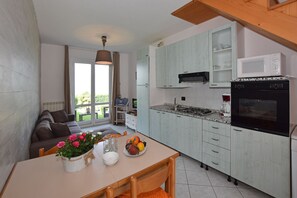 Living-dining room with kitchenette, open on the equipped terrace