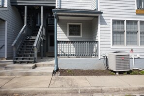 First floor condo (right of steps) and easy parking in front of the sidewalk.