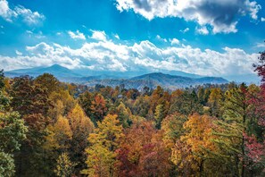 Aerial fall foliage view overlooking LeConte from above the cabin