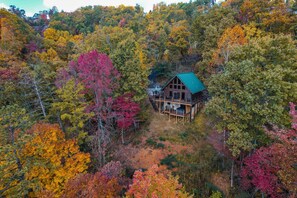 Drone picture of the cabin during fall foliage 