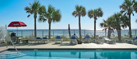 The view of the private beach and Gulf of Mexico from the beachside pool. 