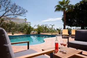 two glasses of rosé by the pool with sea view