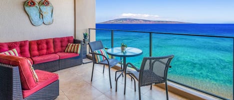 The lanai is accessible from the living room and bedroom.  Great for sunsets!