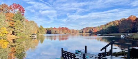 Our private dock with 2 kayaks and a canoe- view from our backyard dock