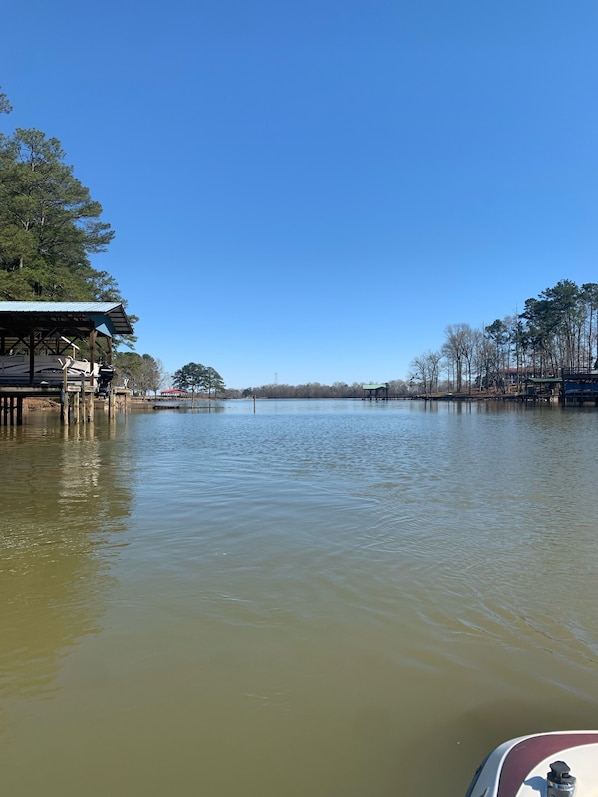 Looking from our boat dock which is at the end of the cove to the open water 