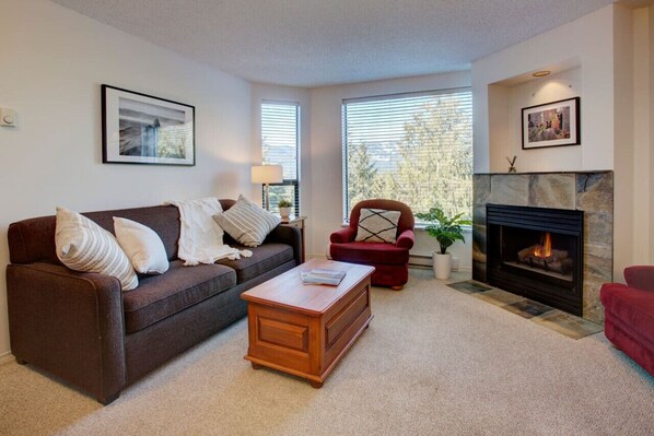 Enjoy the coziness and warmth of the fireplace from the living area with a queen sized pull out sofa bed.