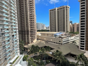 View looking to the left from the lanai toward the Hilton Hawaiian Village.