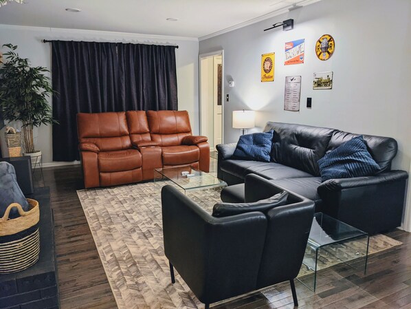 Modern living room with collections from our 20,000+ miles of road trips! 