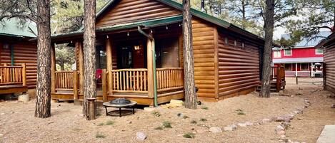 Cabin with the front door entrance and shows the side entrance on right