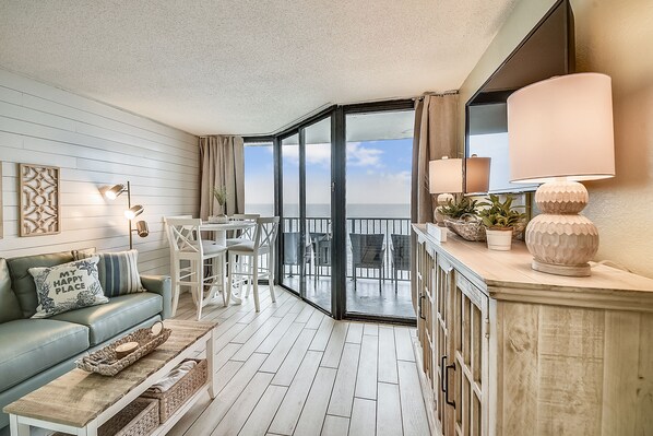 Enjoy a gorgeous view of the ocean from the living room.
