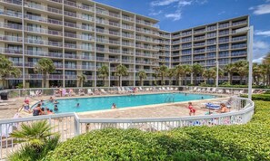 There are two outdoor pools & both can be seen from the condo balcony.