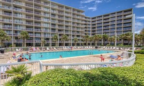 There are two outdoor pools & both can be seen from the condo balcony.