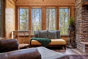 Love this shot. The living room is flooded with light and the backdrop of massive pines.