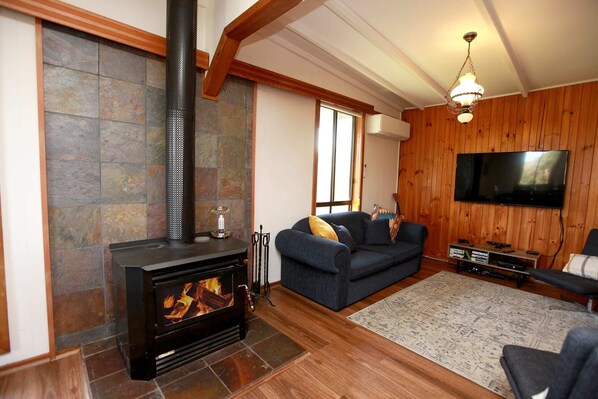 Downstairs Lounge with wood fireplace.