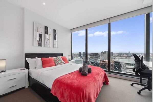 Main Bedroom with Queen bed -  Bedroom View matches Balcony View- Study nook & ensuite.- Portable Air-conditioner- Portable Heater
