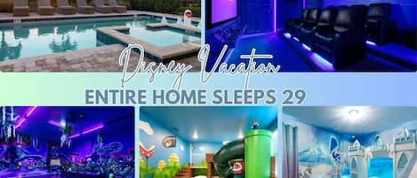 Splash into summer fun! ☀️This Orlando getaway features magical-themed rooms from Frozen to Super Mario, a private pool for sunny days, and a neon-lit game room with a space-themed theater for nonstop adventure!