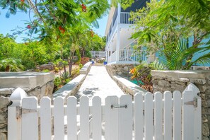 Front of house from street; white picket fence entryway.