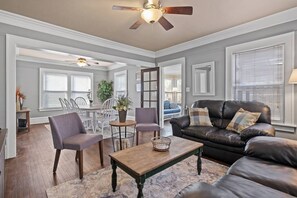 The main floor living room and dining area